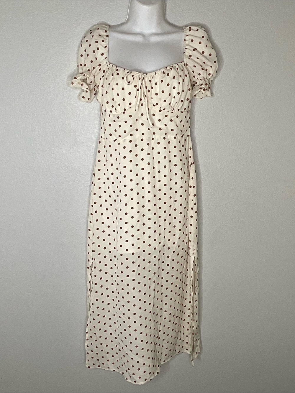 Sweet pot Cream Polka Dot Puff Sleeve Midi Dress summer dress casual dress